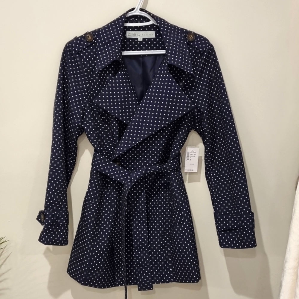 Cleo Navy Polka Dot Trench coat size S petite